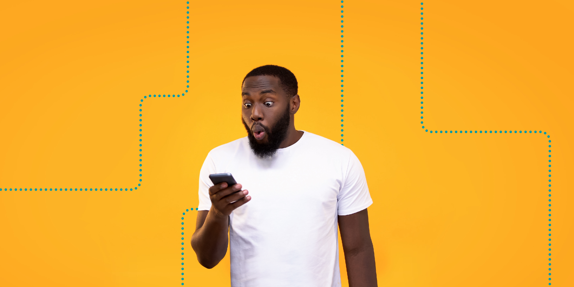 Person holding and looking at a smartphone against a bright yellow background with graphic dotted line patterns