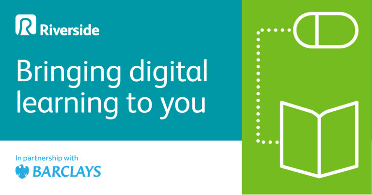 Riverside graphic promoting digital learning, featuring the text “Bringing digital learning to you” and partnership branding with Barclays.